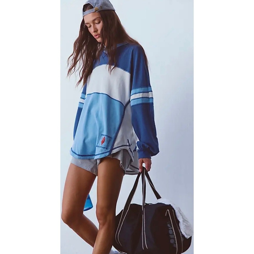 FP Movement Free People Blue Colorblock Striped Long Sleeve Jersey Top XL